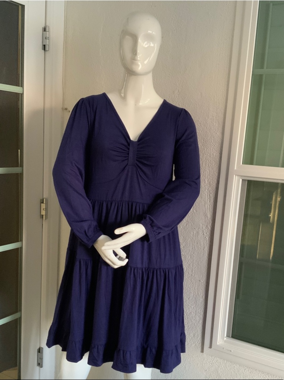 Long-Sleeve V-Neck Tiered Dress in Deep Navy